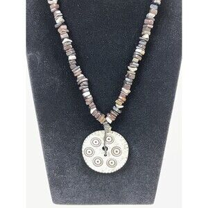 Chico’s Stone Beaded Medallion Necklace Brown Tan Silver